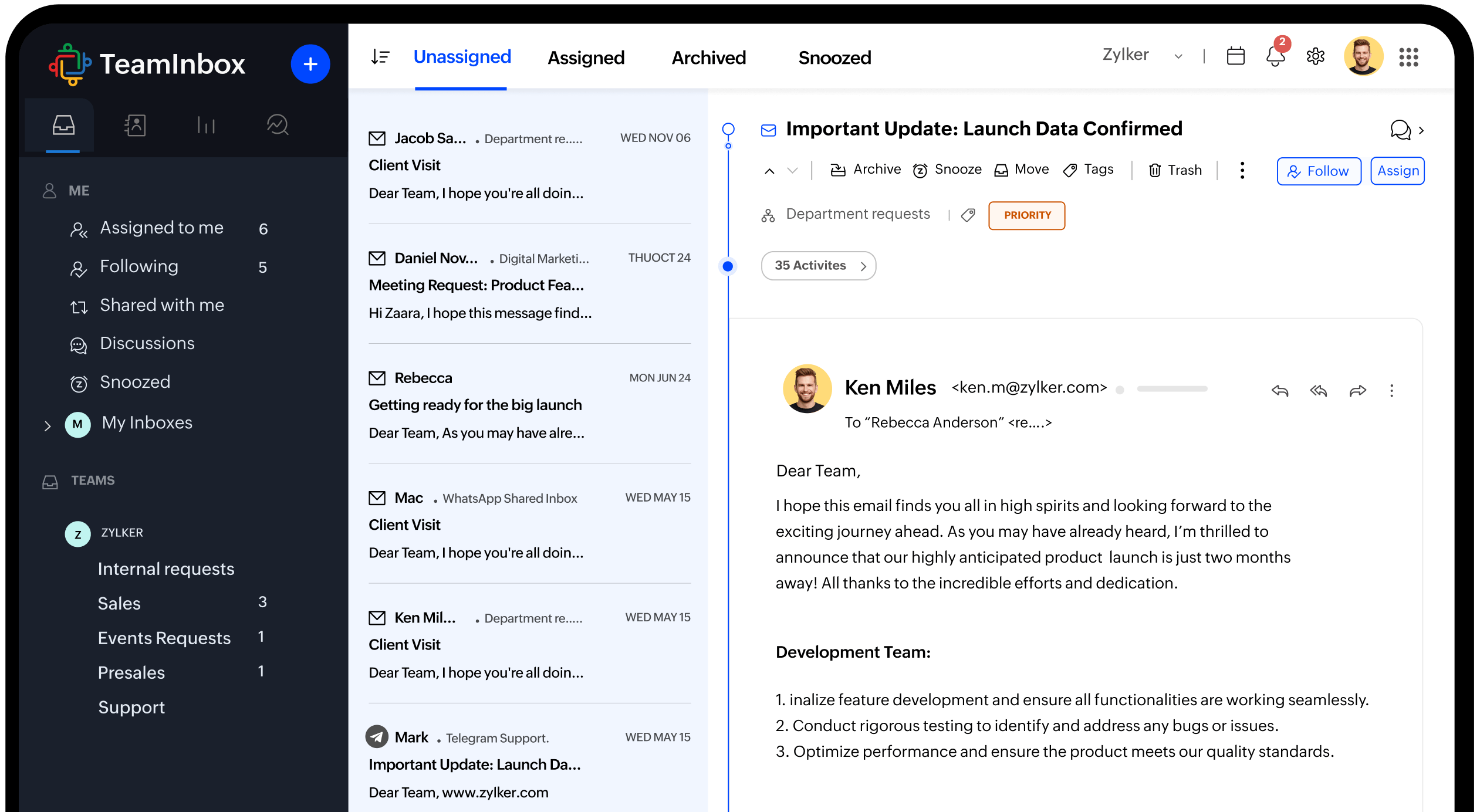 A screen showing the image of Unified Dashboard of Zoho TeamInbox