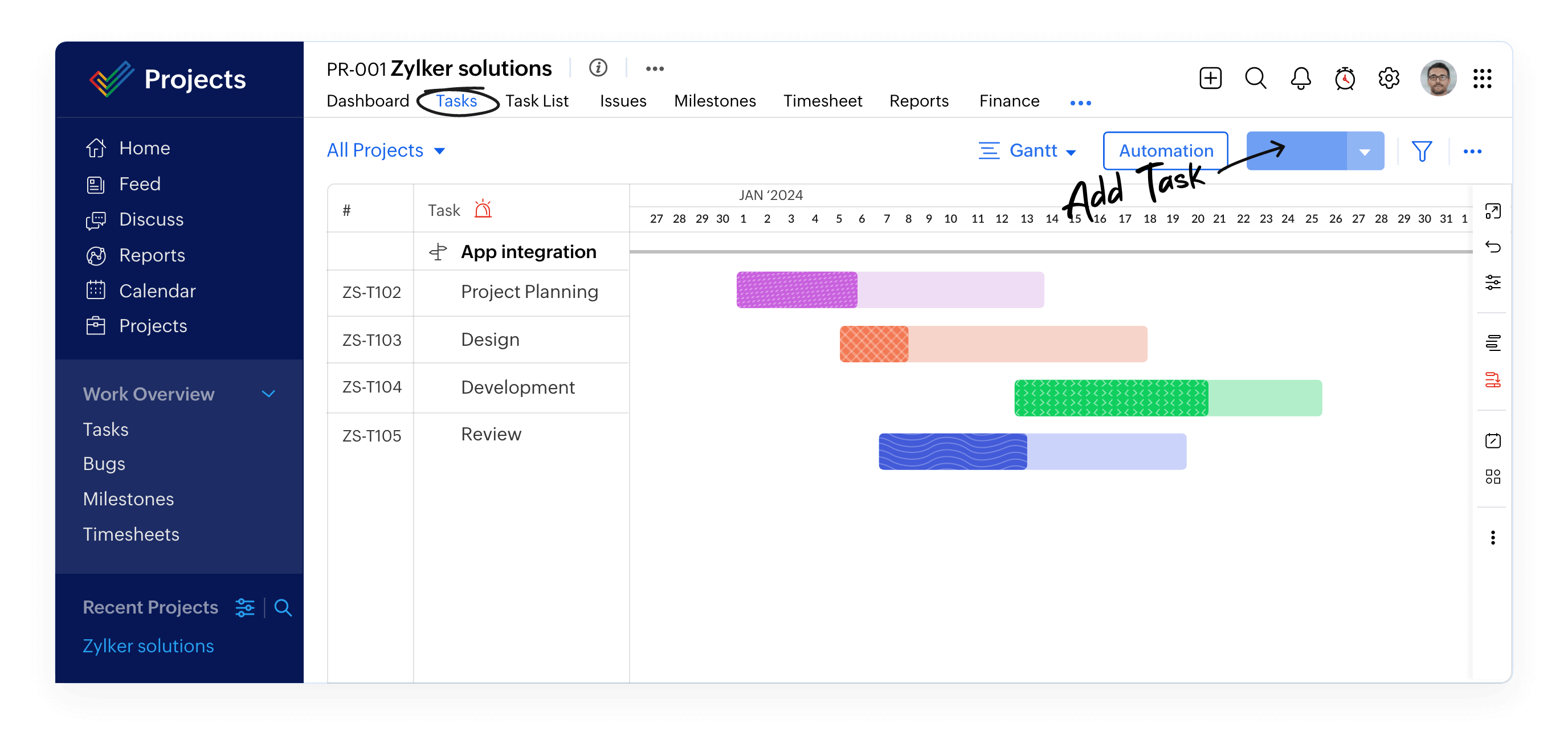 Zoho Projects dashboard mobile view